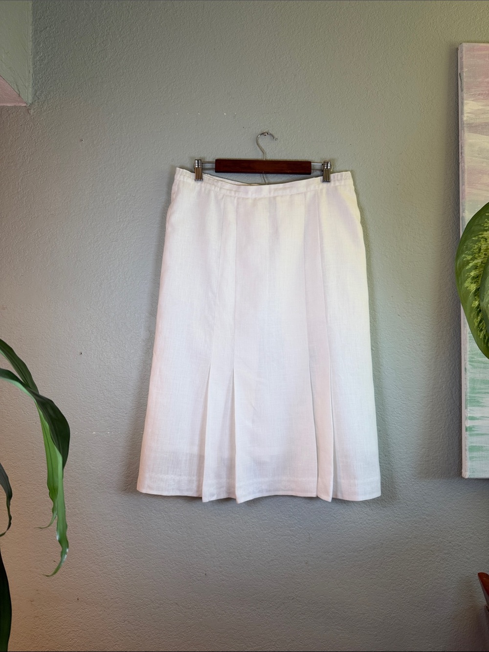 John Weitz Vintage White Linen Blend Pleated Front Hem Lined Retro Midi Skirt 16
